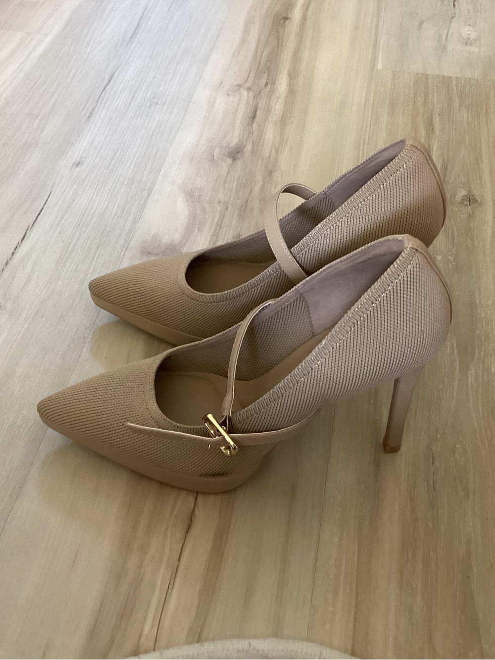 Classic Pointed-Toe Mary Jane Pumps in Beige